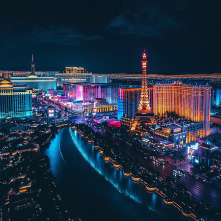 Las Vegas strip at night. Las Vegas is the most populous city in the United Statesの素材