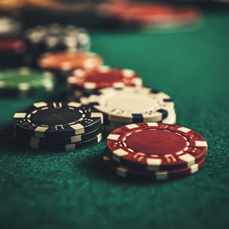 Poker chips on green casino table. Vintage style toned pictureの素材