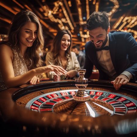 Group of young people playing roulette at the casino. Gambling games.の素材