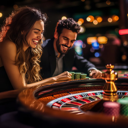 Couple playing roulette in casino. Gambling, poker, casino, entertainment.の素材