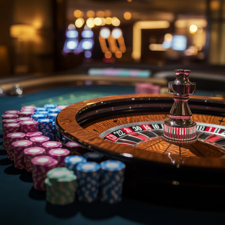 Casino roulette table with chips and roulette wheel in casinoの素材