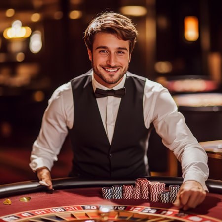 Young man playing roulette in casino. Gambling and betting concept.の素材