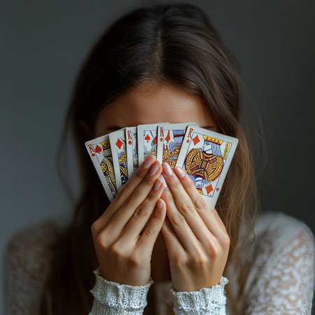Close up portrait of young woman covering her face with playing cards.の素材