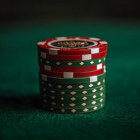 Stack of green and red casino chips on green table. Casino conceptの素材