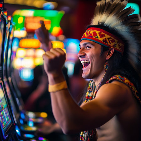 Young Indian man playing slot machine in Las Vegas, Nevada, USAの素材