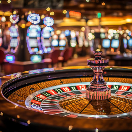 Casino roulette wheel in casino with bokeh background, shallow depth of fieldの素材