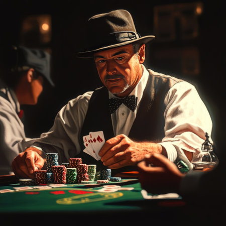 Mature man playing poker at the table in a casino. Casino concept.の素材