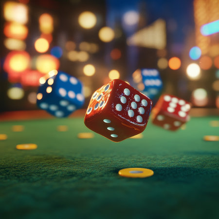dice on green casino table with bokeh city light backgroundの素材