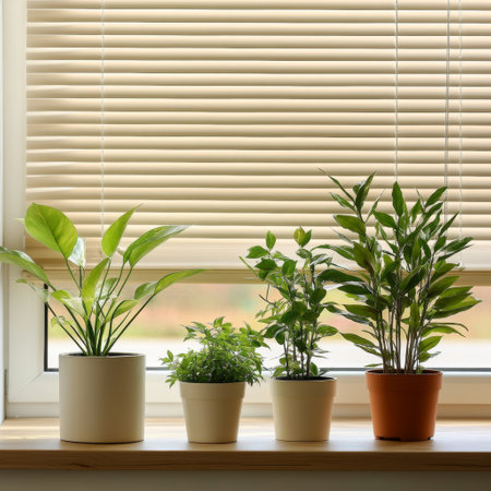 Houseplants in pots on the windowsill with blinds.の素材