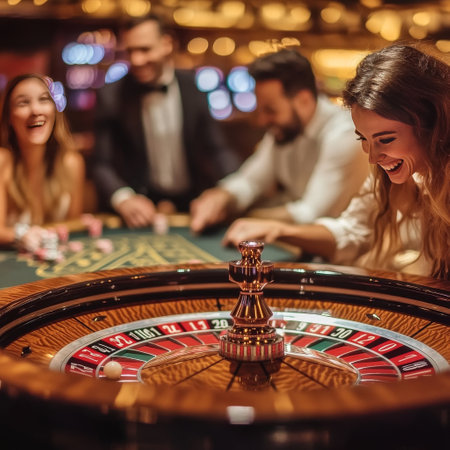 Group of young people playing roulette in casino. Focus on roulette wheel.の素材