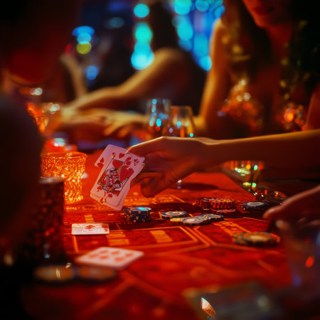 Young people playing poker at night club. Focus on hands with playing cardsの素材
