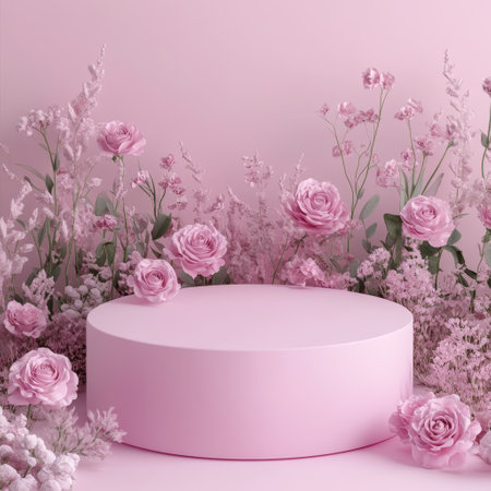 3d render of minimal product display podium with flowers and pastel color background.の素材