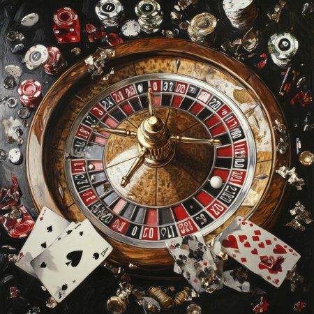 Casino roulette wheel with chips and cards on dark background.の素材