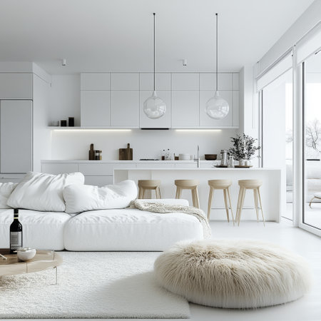 Interior of modern white bedroom with white walls, tiled floor, white sofa with white bedside tables and bar with stools. 3d renderingの素材