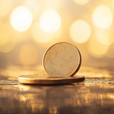 Golden coin on golden bokeh background, business and finance concept.の素材