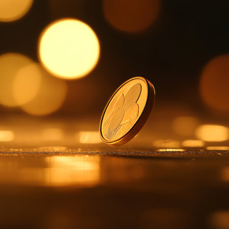golden euro coin on bokeh background. close up.の素材