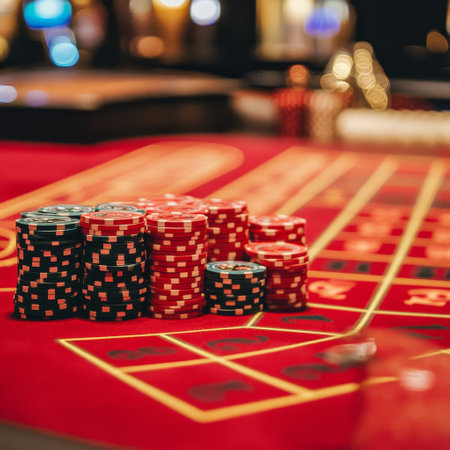 Casino roulette table with red and black chips, shallow depth of fieldの素材
