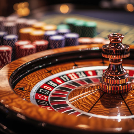Casino roulette wheel and chips on table, close-upの素材