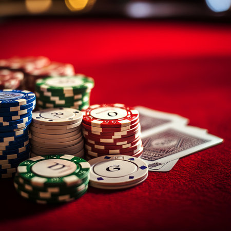 Poker chips and cards on red velvet background. Casino concept.の素材