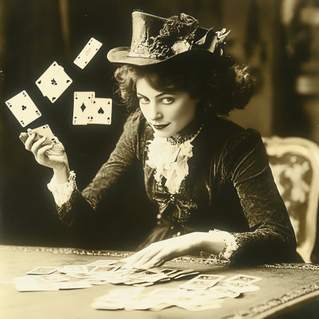 Portrait of a beautiful young woman playing poker. Vintage style.の素材