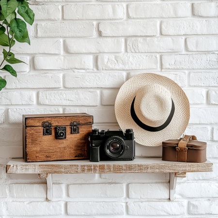 Vintage camera, hat and retro suitcase on shelf against white brick wallの素材