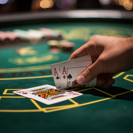casino, gambling, entertainment and people concept - close up of man playing poker at casinoの素材