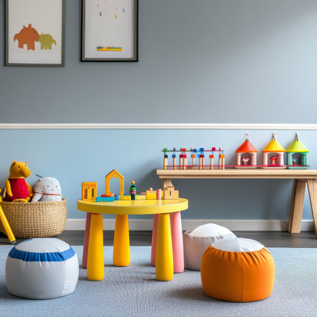 3d Illustration of a children's room interior with toys.の素材