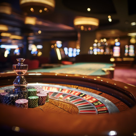 Casino roulette table in casino. Roulette wheel and chipsの素材