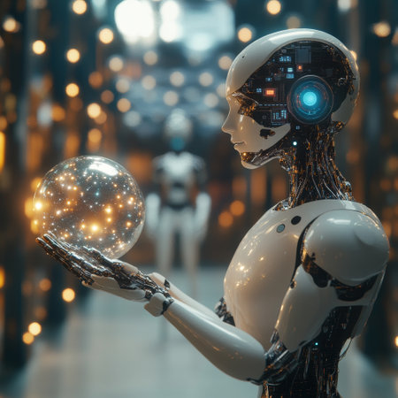 3d rendering humanoid robot holding crystal ball in hand over blurred backgroundの素材