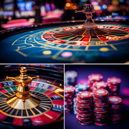 Casino roulette, roulette wheel and chips, close-upの素材