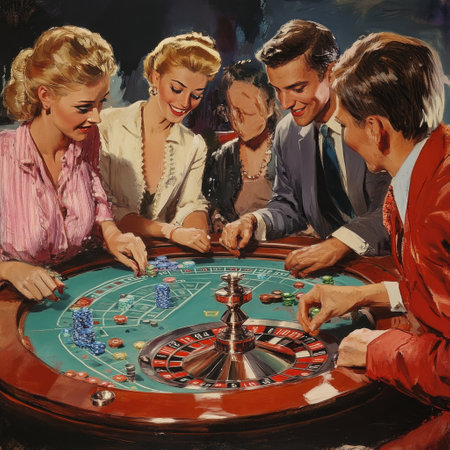 Group of young people playing roulette in casino. Retro style.の素材