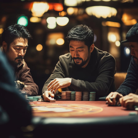 Group of young men playing poker in a casino. Focus on hands.の素材