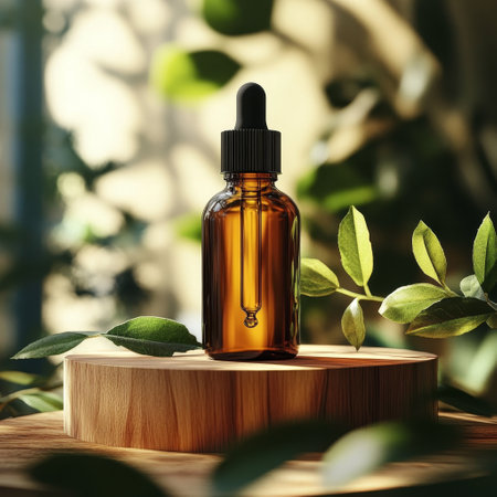 Cosmetic bottle with dropper on wooden stand on green leaves backgroundの素材