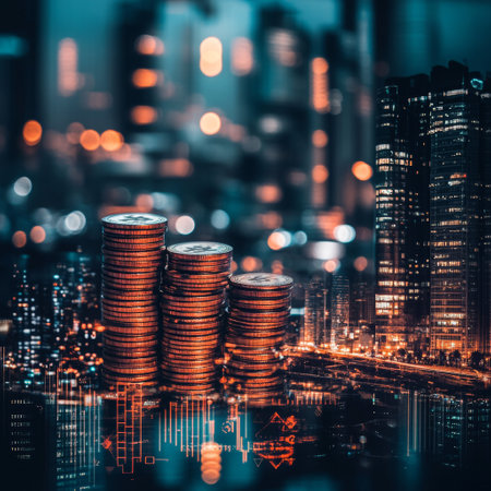 Double exposure of stack of coins and cityscape at night, business and finance concept idea.の素材