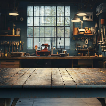 Empty wooden table in front of a blurred background of a leather workshopの素材