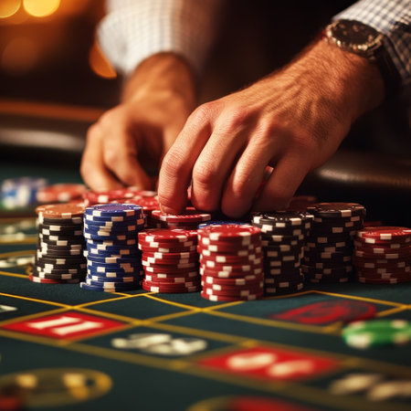 Casino, gambling, people and entertainment concept - close up of man playing roulette at casinoの素材