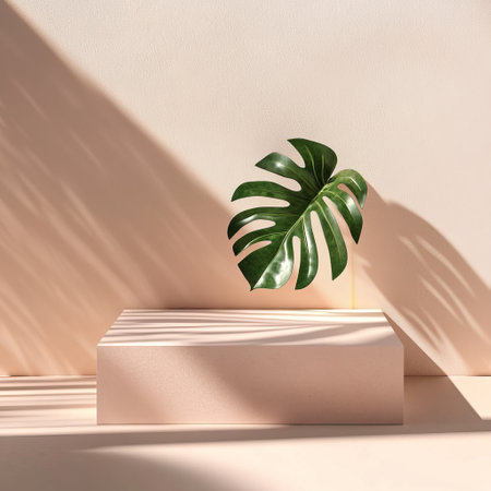Minimalistic abstract scene with podium and monstera leaf. 3d renderの素材