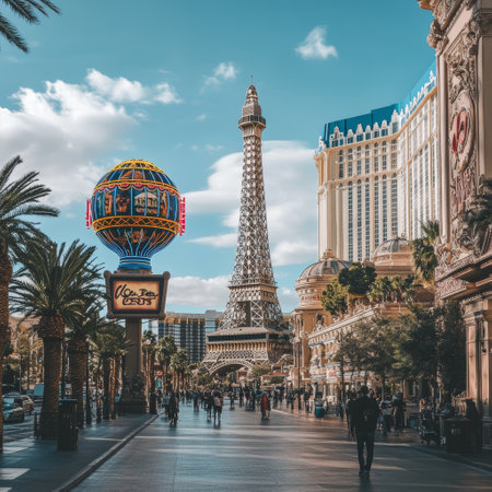 View of the famous Las Vegas strip in Las Vegas, Nevada. The Las Vegas Strip is an approximately 4.2-mile (6.8 km) stretch of Las Vegas Boulevardの素材