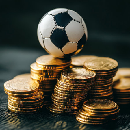 Soccer ball and coins on dark wooden background, Money and finance conceptの素材