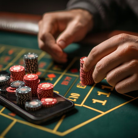 Close-up of a hand of a croupier placing chips on a table in a casinoの素材