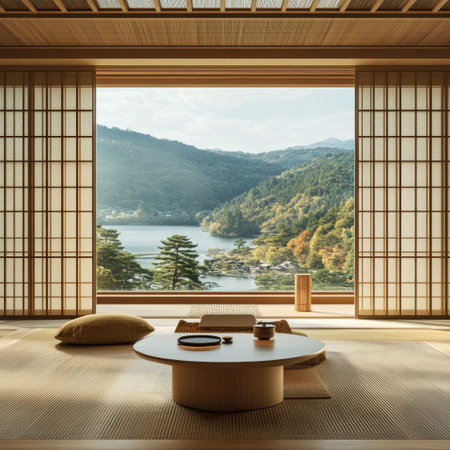 Japanese style living room with a view of the Japanese lake. 3d renderingの素材