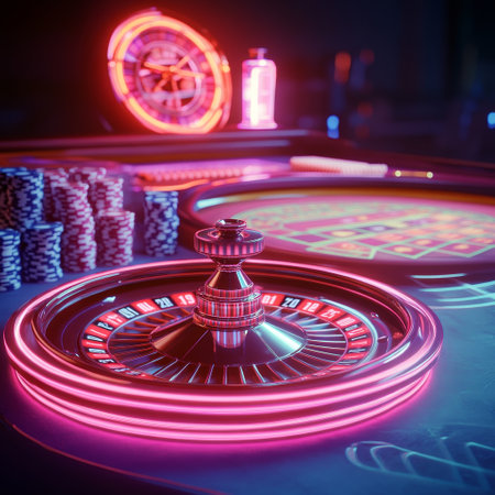Casino roulette wheel with red and blue neon lights, 3d illustrationの素材