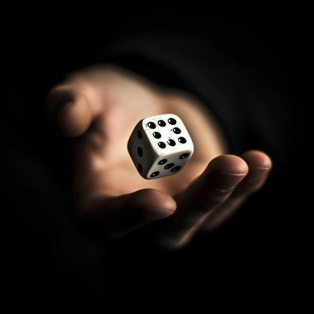 Dice in the hand of a man on a dark background.の素材