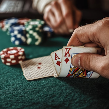 Man playing poker in a casino. Close-up of hands with playing cards and chips.の素材