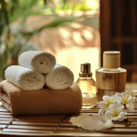 Spa still life with towels, aroma oil and flowers on bamboo matの素材