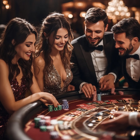Group of young people playing roulette in casino. Gambling and entertainment concept.の素材