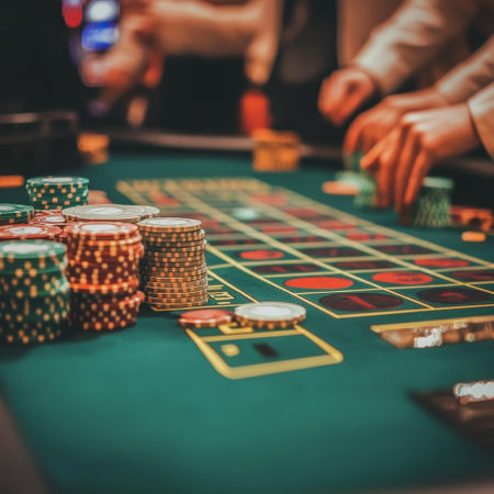Casino roulette table with chips and cards. Gambling gamesの素材