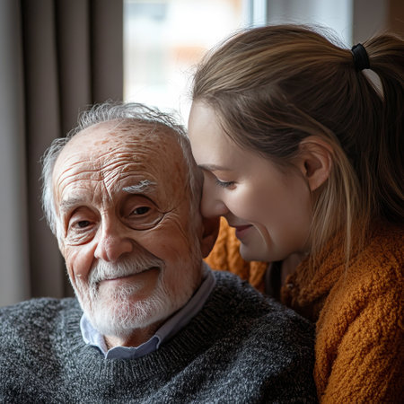 Grandfather and granddaughter looking at each other. Concept of friendly family.の素材