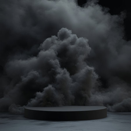 Black pedestal or platform with smoke on dark background. 3D renderingの素材