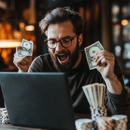 Cheerful young man in eyeglasses is using a laptop and holding money while sitting in cafeの素材